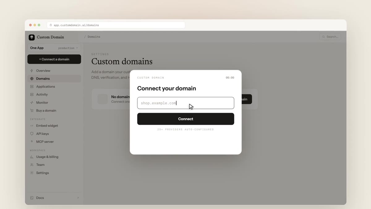 A user connecting their own domain through the Custom Domain widget