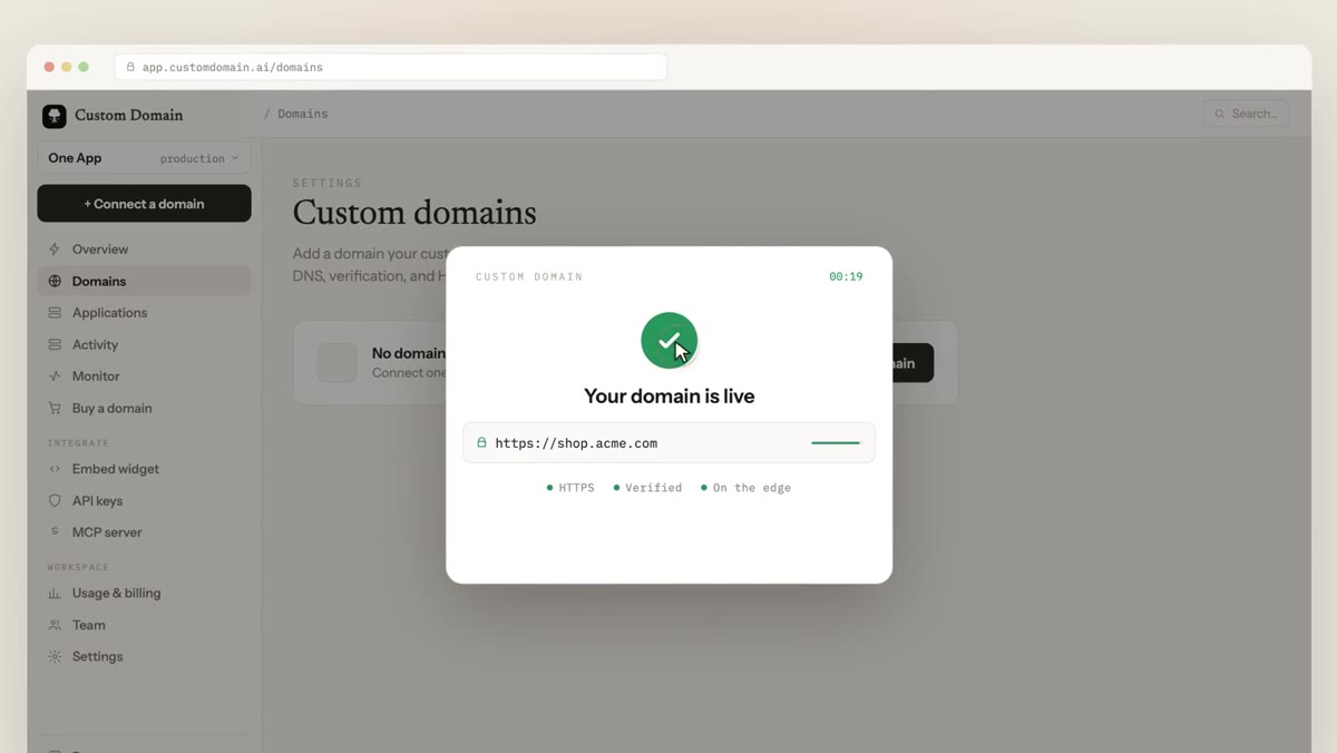 A connected custom domain serving HTTPS traffic